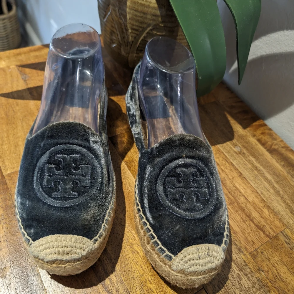 Tory Burch Women's Size 8 Velvet Platform‎ Espadrille Black Rare Harbor Slip On